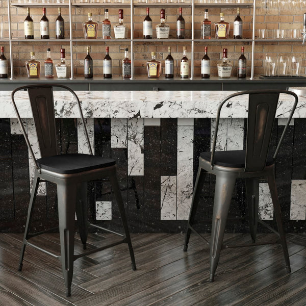 English Elm Commercial Grade Commercial Grade 24" High Copper Metal Indoor-Outdoor Counter Height Stool with Back with Black Poly Resin Wood Seat