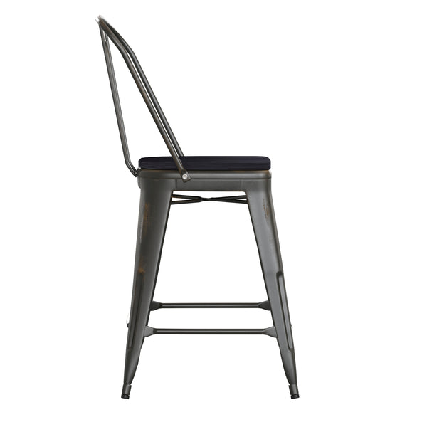 English Elm Commercial Grade Commercial Grade 24" High Copper Metal Indoor-Outdoor Counter Height Stool with Back with Black Poly Resin Wood Seat