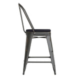 English Elm Commercial Grade Commercial Grade 24" High Copper Metal Indoor-Outdoor Counter Height Stool with Back with Black Poly Resin Wood Seat