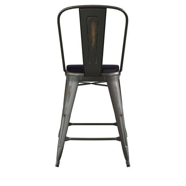 English Elm Commercial Grade Commercial Grade 24" High Copper Metal Indoor-Outdoor Counter Height Stool with Back with Black Poly Resin Wood Seat