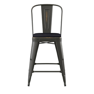 English Elm Commercial Grade Commercial Grade 24" High Copper Metal Indoor-Outdoor Counter Height Stool with Back with Black Poly Resin Wood Seat