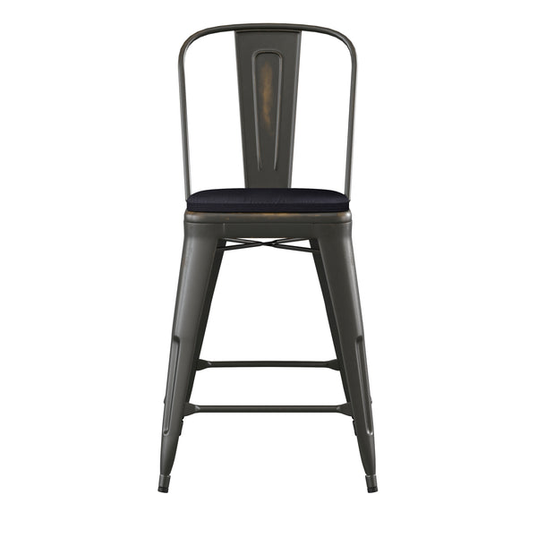 English Elm Commercial Grade Commercial Grade 24" High Copper Metal Indoor-Outdoor Counter Height Stool with Back with Black Poly Resin Wood Seat