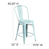 English Elm Commercial Grade Commercial Grade 24" High -Blue Metal Indoor-Outdoor Counter Height Stool with Back with Gray Poly Resin Wood Seat