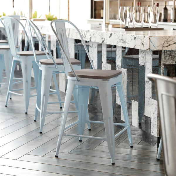 English Elm Commercial Grade Commercial Grade 24" High -Blue Metal Indoor-Outdoor Counter Height Stool with Back with Gray Poly Resin Wood Seat