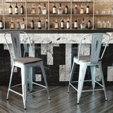 English Elm Commercial Grade Commercial Grade 24" High -Blue Metal Indoor-Outdoor Counter Height Stool with Back with Gray Poly Resin Wood Seat