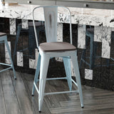 English Elm Commercial Grade Commercial Grade 24" High -Blue Metal Indoor-Outdoor Counter Height Stool with Back with Gray Poly Resin Wood Seat