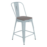 English Elm Commercial Grade Commercial Grade 24" High -Blue Metal Indoor-Outdoor Counter Height Stool with Back with Gray Poly Resin Wood Seat