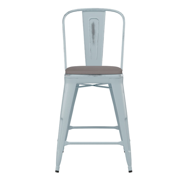 English Elm Commercial Grade Commercial Grade 24" High -Blue Metal Indoor-Outdoor Counter Height Stool with Back with Gray Poly Resin Wood Seat