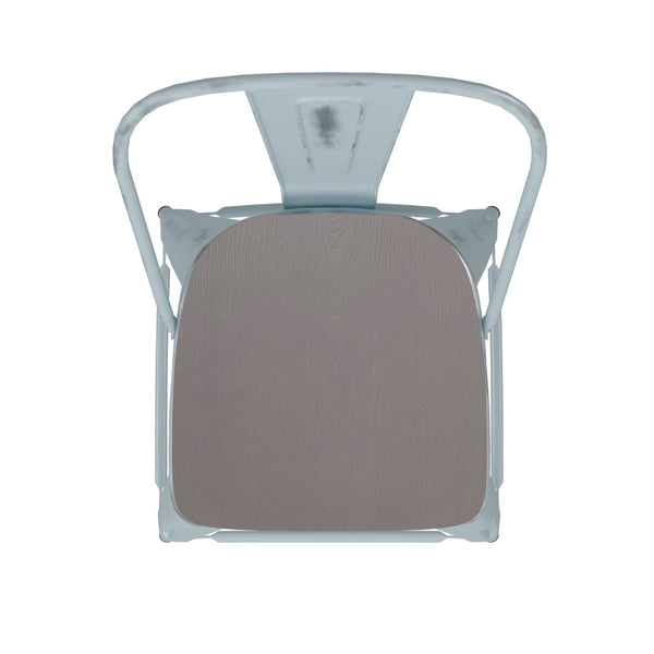 English Elm Commercial Grade Commercial Grade 24" High -Blue Metal Indoor-Outdoor Counter Height Stool with Back with Gray Poly Resin Wood Seat