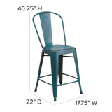 English Elm Commercial Grade Commercial Grade 24" High Kelly -Teal Metal Indoor-Outdoor Counter Height Stool with Back with Black Poly Resin Wood Seat