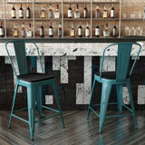 English Elm Commercial Grade Commercial Grade 24" High Kelly -Teal Metal Indoor-Outdoor Counter Height Stool with Back with Black Poly Resin Wood Seat