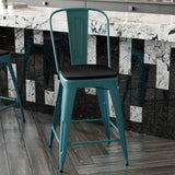 English Elm Commercial Grade Commercial Grade 24" High Kelly -Teal Metal Indoor-Outdoor Counter Height Stool with Back with Black Poly Resin Wood Seat