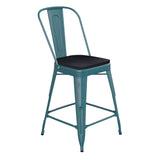 English Elm Commercial Grade Commercial Grade 24" High Kelly -Teal Metal Indoor-Outdoor Counter Height Stool with Back with Black Poly Resin Wood Seat