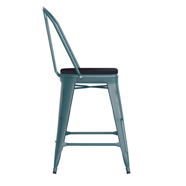 English Elm Commercial Grade Commercial Grade 24" High Kelly -Teal Metal Indoor-Outdoor Counter Height Stool with Back with Black Poly Resin Wood Seat