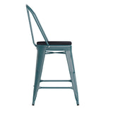 English Elm Commercial Grade Commercial Grade 24" High Kelly -Teal Metal Indoor-Outdoor Counter Height Stool with Back with Black Poly Resin Wood Seat