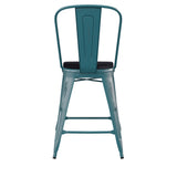 English Elm Commercial Grade Commercial Grade 24" High Kelly -Teal Metal Indoor-Outdoor Counter Height Stool with Back with Black Poly Resin Wood Seat