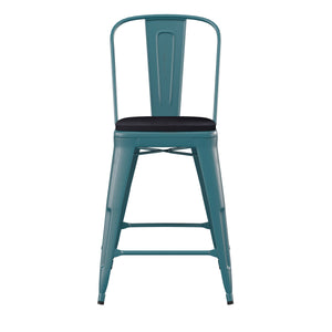 English Elm Commercial Grade Commercial Grade 24" High Kelly -Teal Metal Indoor-Outdoor Counter Height Stool with Back with Black Poly Resin Wood Seat