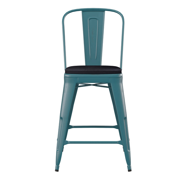 English Elm Commercial Grade Commercial Grade 24" High Kelly -Teal Metal Indoor-Outdoor Counter Height Stool with Back with Black Poly Resin Wood Seat