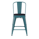 English Elm Commercial Grade Commercial Grade 24" High Kelly -Teal Metal Indoor-Outdoor Counter Height Stool with Back with Black Poly Resin Wood Seat