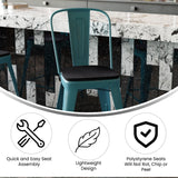 English Elm Commercial Grade Commercial Grade 24" High Kelly -Teal Metal Indoor-Outdoor Counter Height Stool with Back with Black Poly Resin Wood Seat