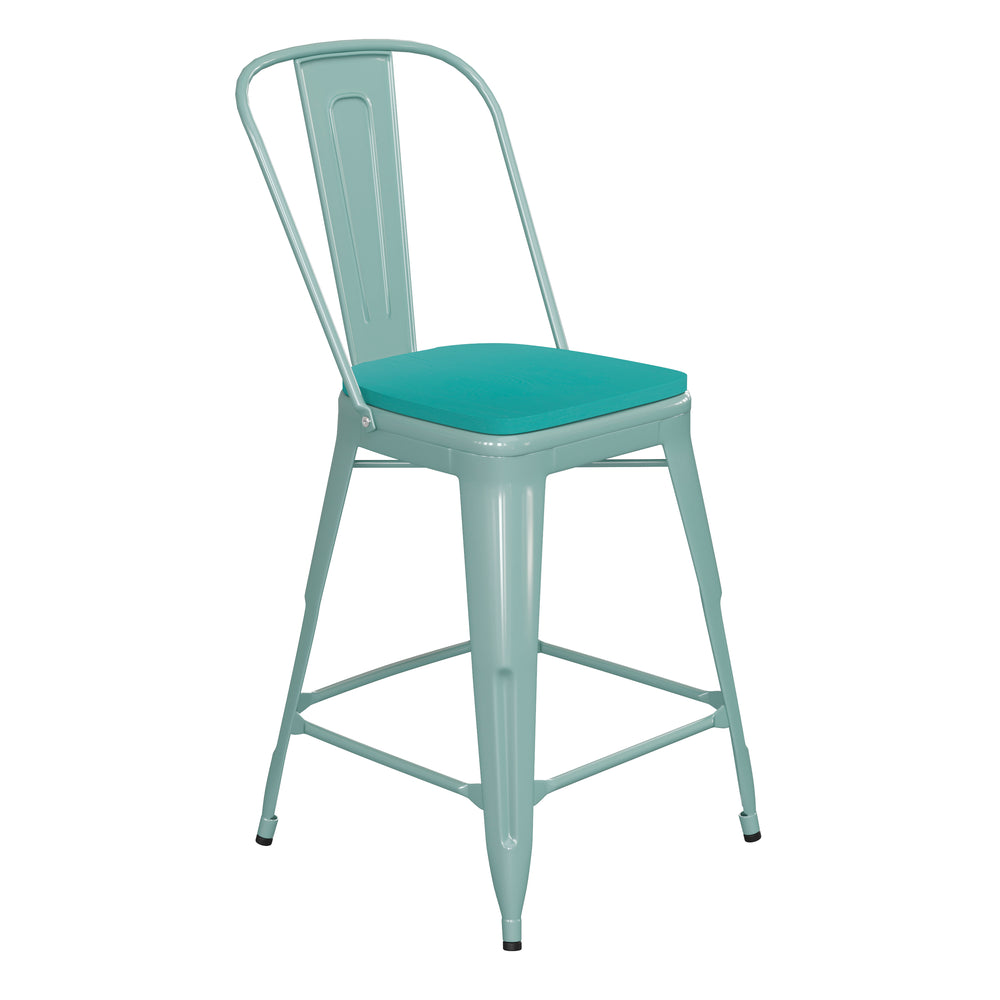 English Elm Commercial Grade Commercial Grade 24" High Mint Metal Indoor-Outdoor Counter Height Stool with Back with Mint Poly Resin Wood Seat