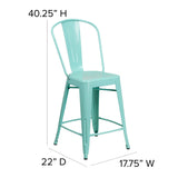 English Elm Commercial Grade Commercial Grade 24" High Mint Metal Indoor-Outdoor Counter Height Stool with Back with Mint Poly Resin Wood Seat