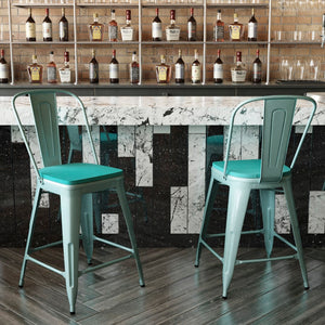 English Elm Commercial Grade Commercial Grade 24" High Mint Metal Indoor-Outdoor Counter Height Stool with Back with Mint Poly Resin Wood Seat
