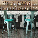 English Elm Commercial Grade Commercial Grade 24" High Mint Metal Indoor-Outdoor Counter Height Stool with Back with Mint Poly Resin Wood Seat