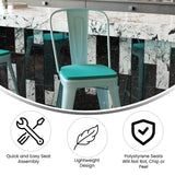 English Elm Commercial Grade Commercial Grade 24" High Mint Metal Indoor-Outdoor Counter Height Stool with Back with Mint Poly Resin Wood Seat