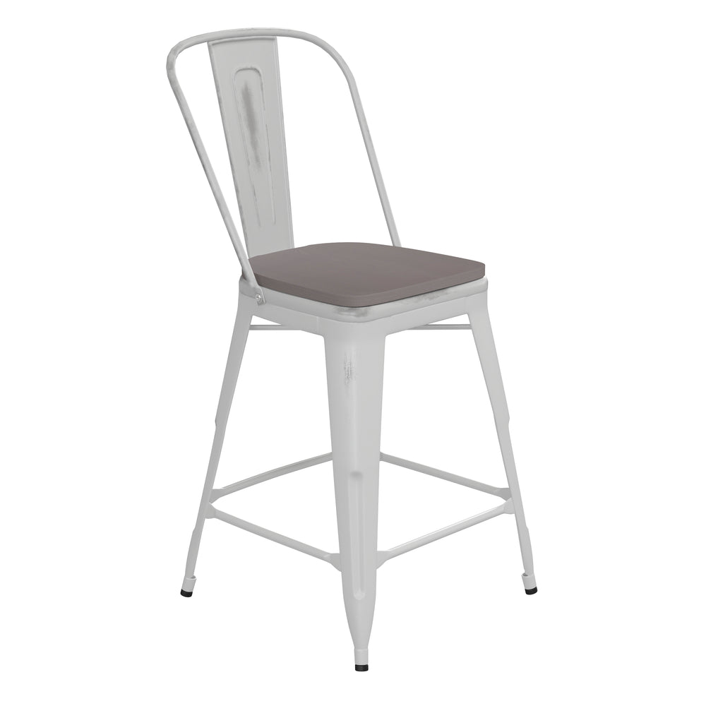 English Elm Commercial Grade Commercial Grade 24" High Metal Indoor-Outdoor Counter Height Stool with Back with Gray Poly Resin Wood Seat