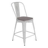 English Elm Commercial Grade Commercial Grade 24" High Metal Indoor-Outdoor Counter Height Stool with Back with Gray Poly Resin Wood Seat