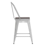 English Elm Commercial Grade Commercial Grade 24" High Metal Indoor-Outdoor Counter Height Stool with Back with Gray Poly Resin Wood Seat