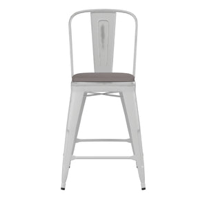 English Elm Commercial Grade Commercial Grade 24" High Metal Indoor-Outdoor Counter Height Stool with Back with Gray Poly Resin Wood Seat