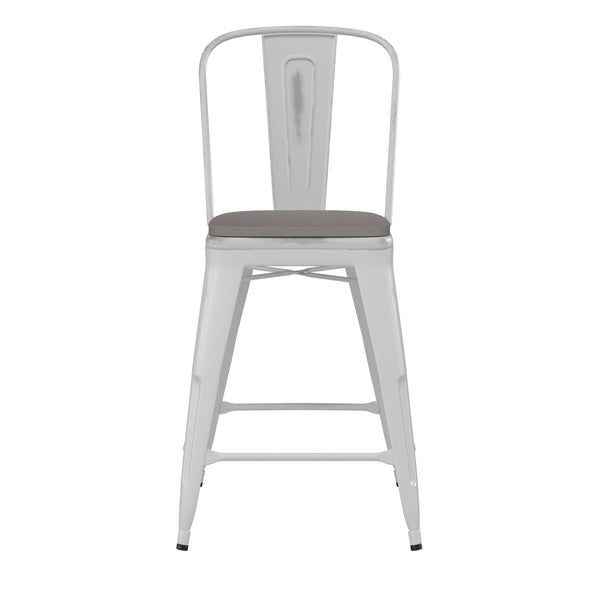 English Elm Commercial Grade Commercial Grade 24" High Metal Indoor-Outdoor Counter Height Stool with Back with Gray Poly Resin Wood Seat
