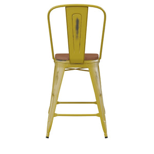 English Elm Commercial Grade Commercial Grade 24" High Metal Indoor-Outdoor Counter Height Stool with Back with Teak Poly Resin Wood Seat