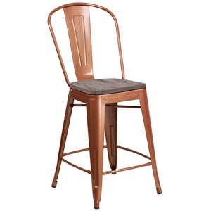 English Elm Commercial Grade 24" High Metal Counter Height Stool with Back and Wood Seat