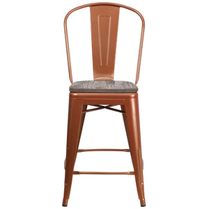 English Elm Commercial Grade 24" High Metal Counter Height Stool with Back and Wood Seat