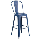 English Elm Commercial Grade Commercial Grade 30" High Distressed Metal Indoor-Outdoor Barstool with Back