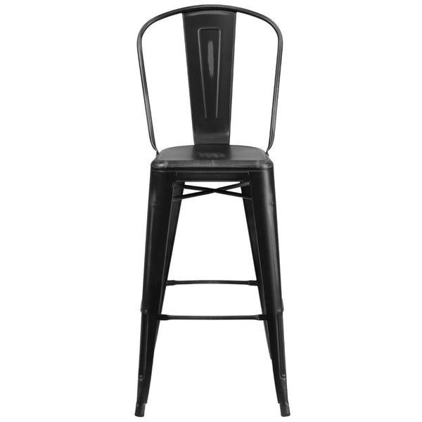 English Elm Commercial Grade Commercial Grade 30" High Distressed Metal Indoor-Outdoor Barstool with Back