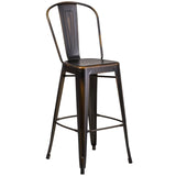 English Elm Commercial Grade Commercial Grade 30" High Distressed Metal Indoor-Outdoor Barstool with Back