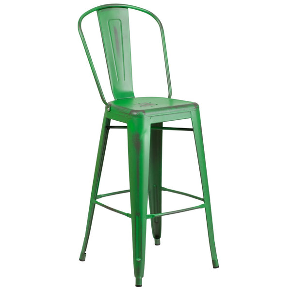 English Elm Commercial Grade Commercial Grade 30" High Distressed Metal Indoor-Outdoor Barstool with Back