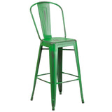 English Elm Commercial Grade Commercial Grade 30" High Distressed Metal Indoor-Outdoor Barstool with Back