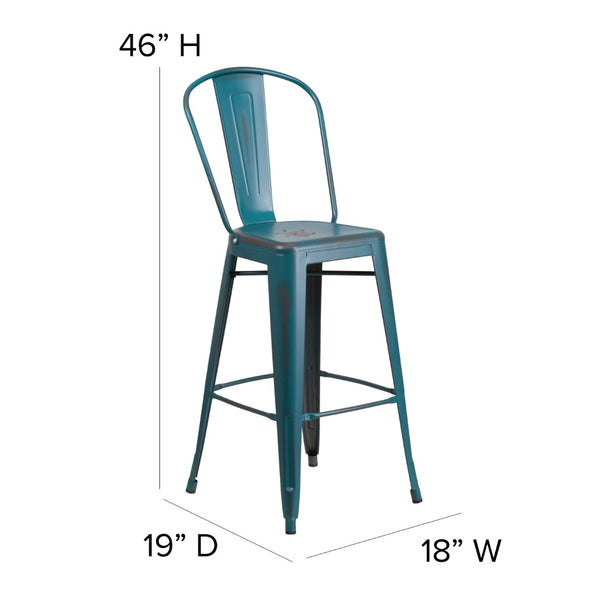 English Elm Commercial Grade Commercial Grade 30" High Distressed Metal Indoor-Outdoor Barstool with Back
