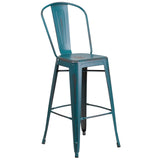 English Elm Commercial Grade Commercial Grade 30" High Distressed Metal Indoor-Outdoor Barstool with Back