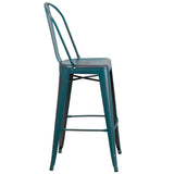 English Elm Commercial Grade Commercial Grade 30" High Distressed Metal Indoor-Outdoor Barstool with Back