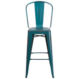 English Elm Commercial Grade Commercial Grade 30" High Distressed Metal Indoor-Outdoor Barstool with Back