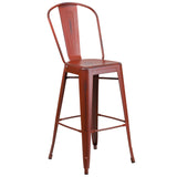 English Elm Commercial Grade Commercial Grade 30" High Distressed Metal Indoor-Outdoor Barstool with Back