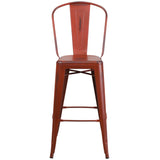 English Elm Commercial Grade Commercial Grade 30" High Distressed Metal Indoor-Outdoor Barstool with Back