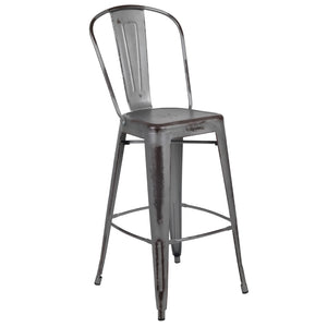 English Elm Commercial Grade Commercial Grade 30" High Distressed Metal Indoor-Outdoor Barstool with Back