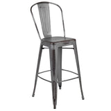 English Elm Commercial Grade Commercial Grade 30" High Distressed Metal Indoor-Outdoor Barstool with Back